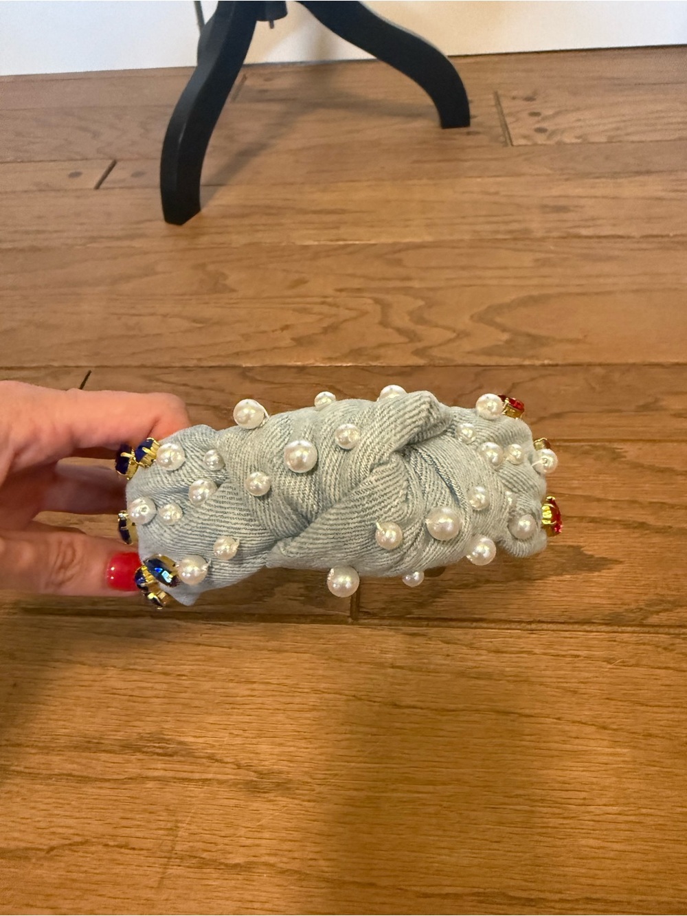 Brianna Cannon denim headband with red, blue and pearl accents - Picture 4 of 6